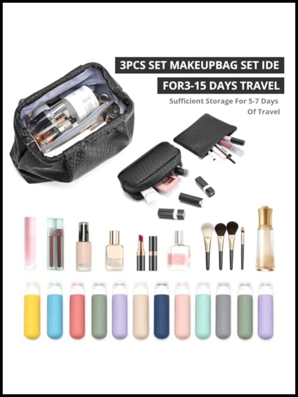 3 Piece Vegan Leather Travel Makeup Bag Set Waterproof Large Capacity Cosmetic